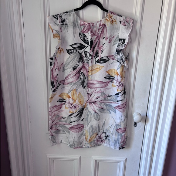 C&C California 100%Linen White Floral Ruffled Cap Sleeve Shift Dress Beachy XL - Picture 3 of 7